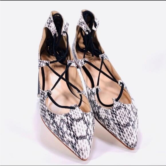 RAYE REVOLVE Black White Two Tone Snakeskin Toe Lace Up Ballet Flats Shoes 36 - Picture 6 of 13